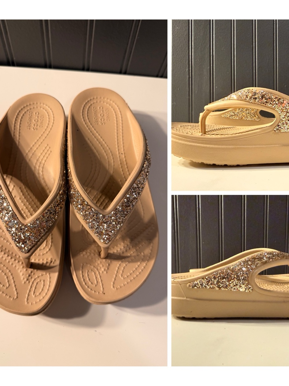 Crocs Iconic  Gold Glitter Flip Flops Size 4 Tan Womens Sandals